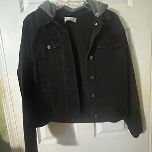 Black Denim Jacket with Gray Hood